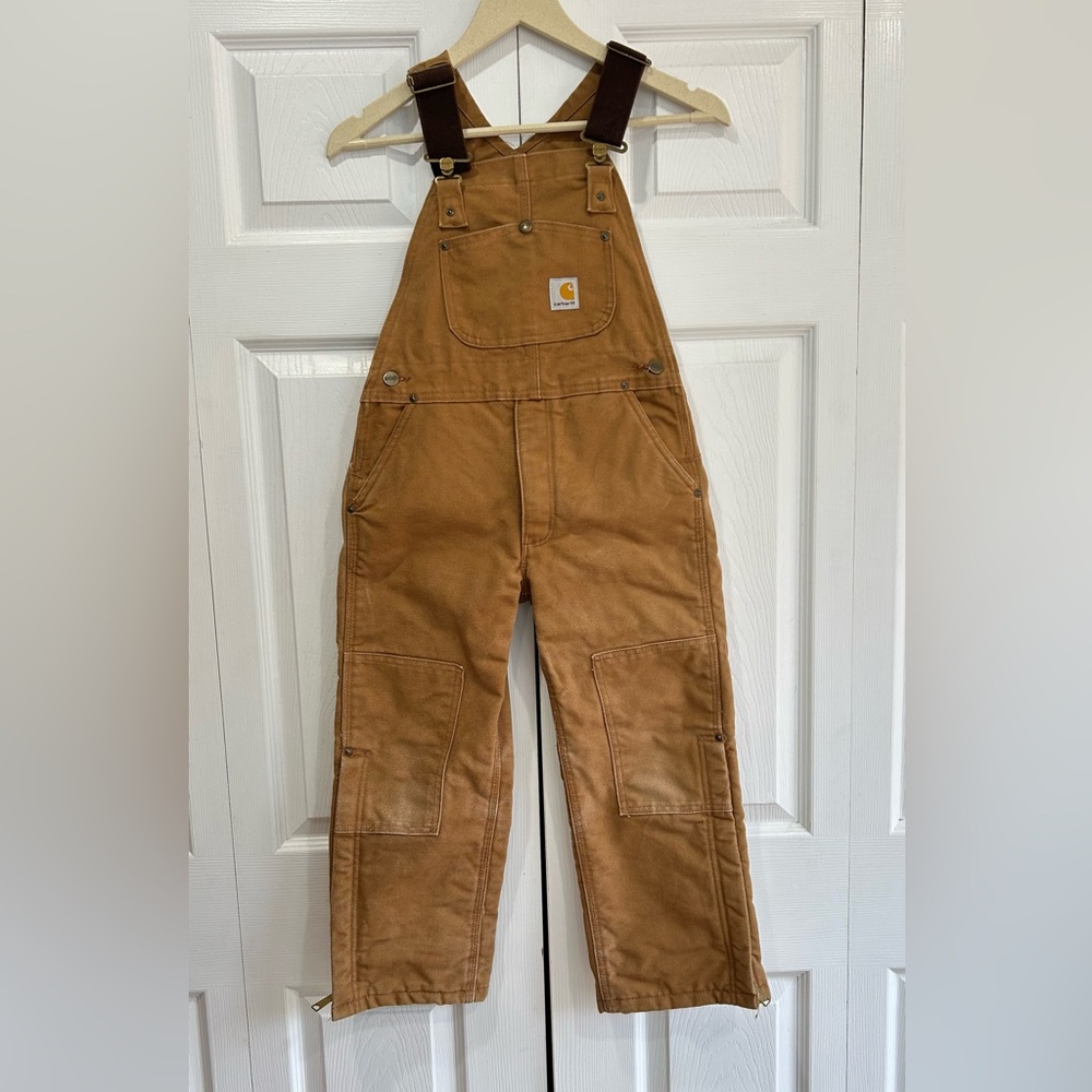 Vtg Carhartt Bib Overalls Boys Medium Canvas Quilt Lined Double Knee Hunting